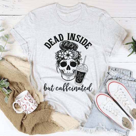 Light gray graphic T-shirt with skull, flowers, and coffee-cup slogan