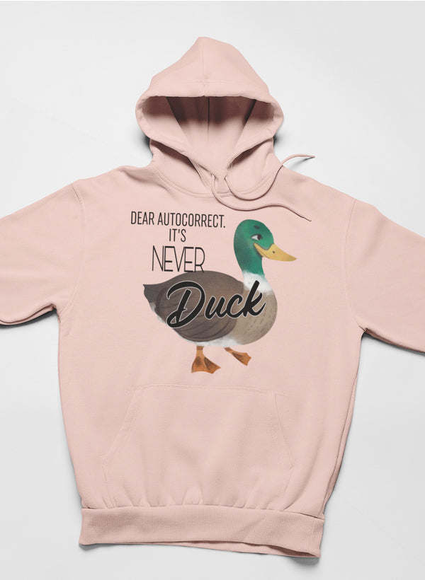 Blush pink hoodie with duck graphic, drawstring hood, and front pouch pocket
