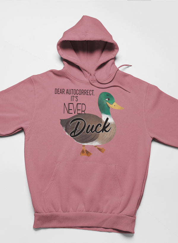 Mauve pullover hoodie with duck graphic and slogan, hood and front pouch pocket