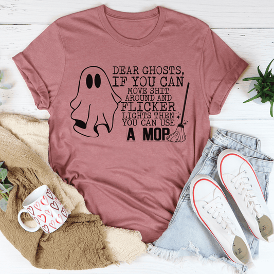 Mauve T-shirt with black ghost face graphic and spooky quote text
