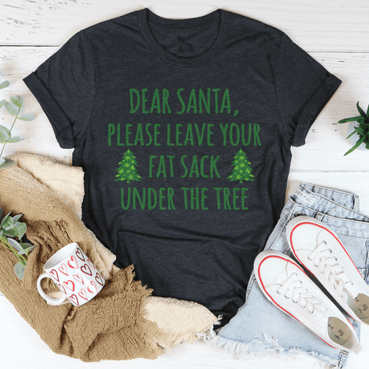 Dark grey heather T-shirt with green “Dear Santa” holiday graphic and tree text