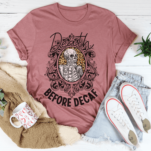 Mauve crewneck short-sleeve T-shirt with Death Before Decaf skull graphic