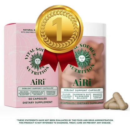 Debloat Support Capsules bottle with gold '1' emblem and AiRi branding, 60 capsules