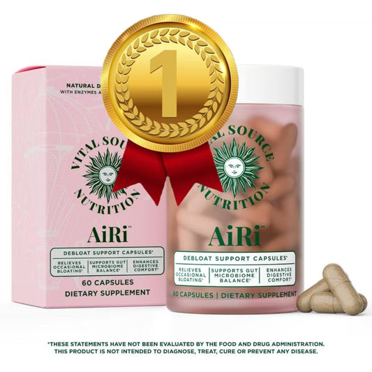 Debloat Support Capsules bottle with gold '1' emblem and AiRi branding, 60 capsules