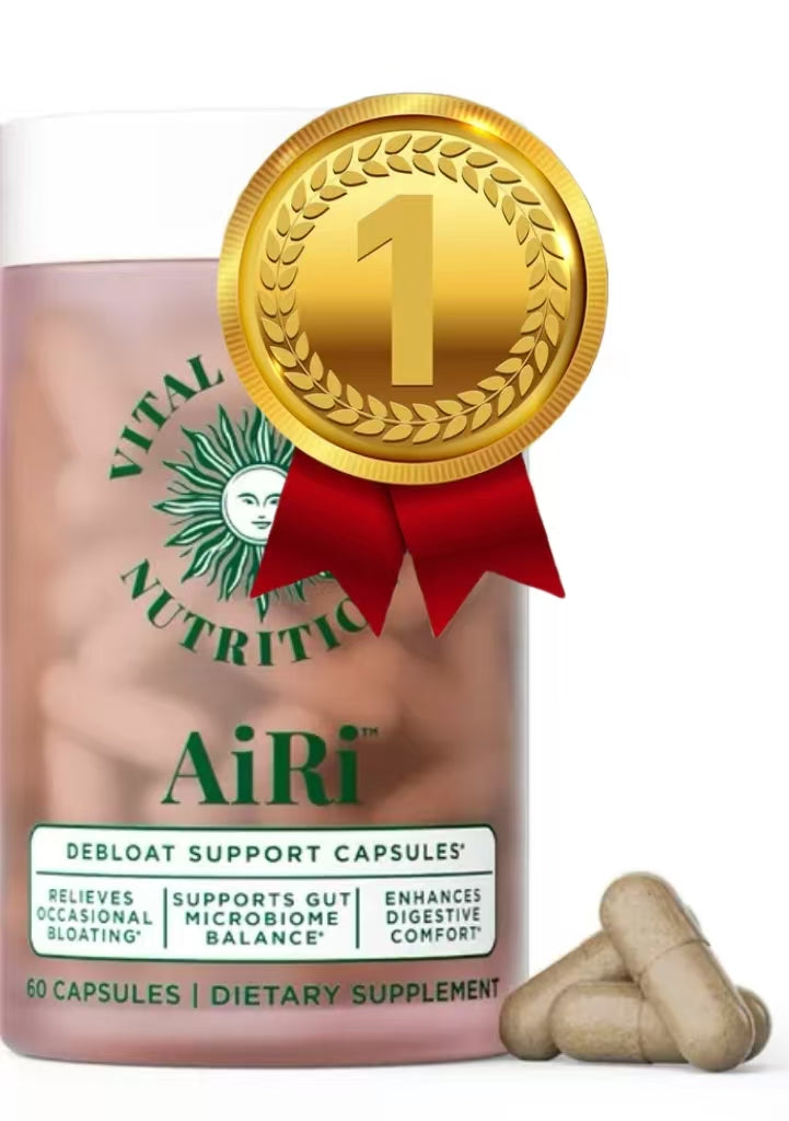 Debloat Support Capsules bottle with gold '1' emblem, AiRi label, and loose capsules