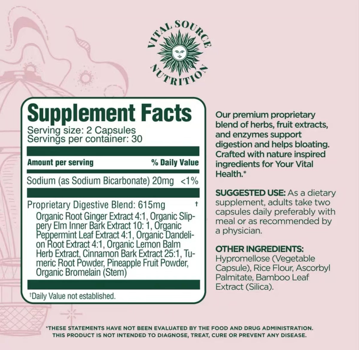 Debloat Support Capsules supplement facts panel with serving and ingredient details