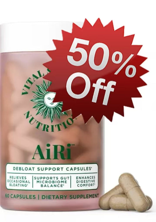 Debloat support capsule bottle with red 50% off badge and AiRi label