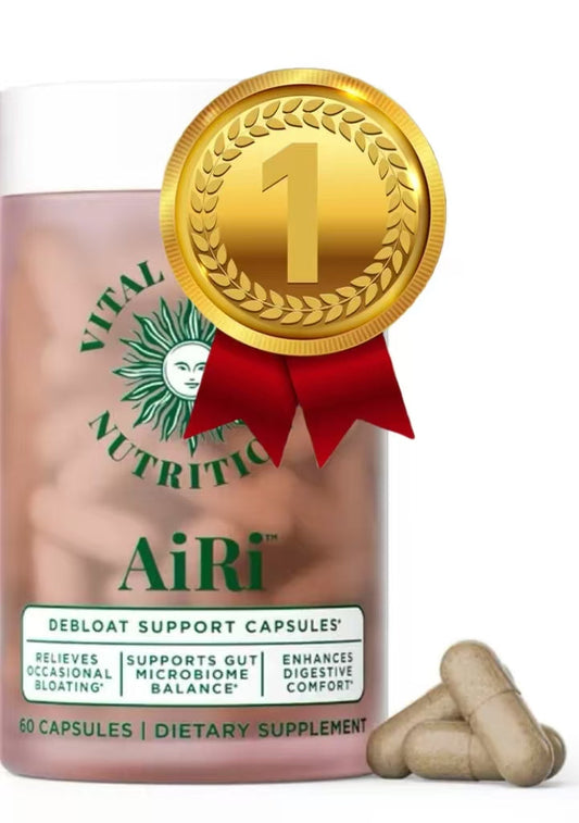 Debloat support capsules bottle front view with gold “1” badge and AiRi capsules