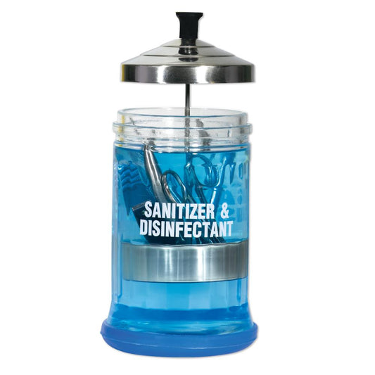 Glass disinfectant jar with chrome pump lid and blue sanitizer inside