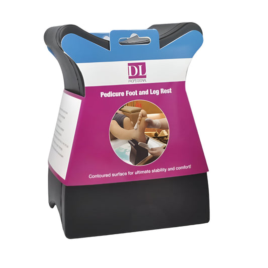Pedicure foot and leg rest with contoured blue and dark padding for stability