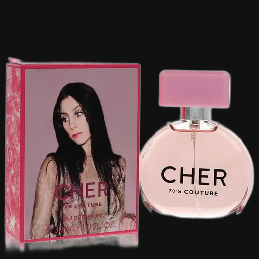 Women's perfume set: Cher 70's Couture bottle with pink cap and pink box