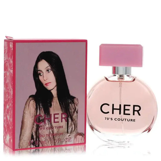 Women's perfume bottle with pink cap, CHER 70's Couture label
