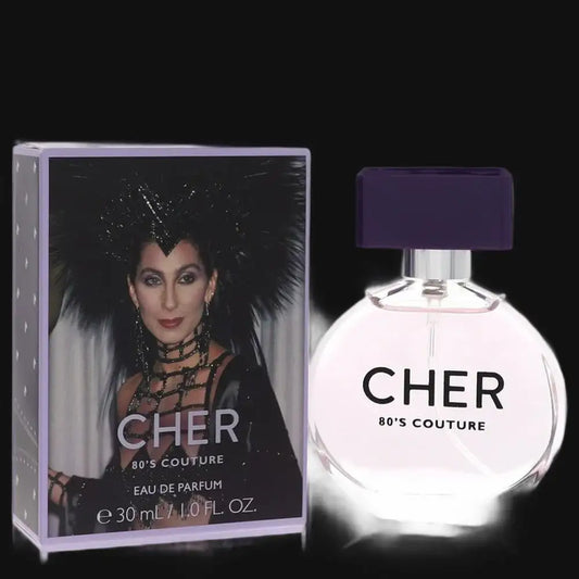 Women’s eau de parfum set: CHER 80’s couture bottle with purple cap and box