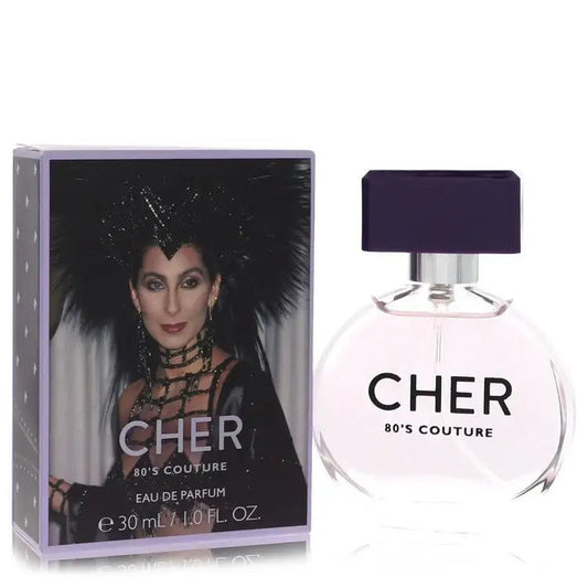 CHER 80’s couture eau de parfum bottle with purple cap and front box label