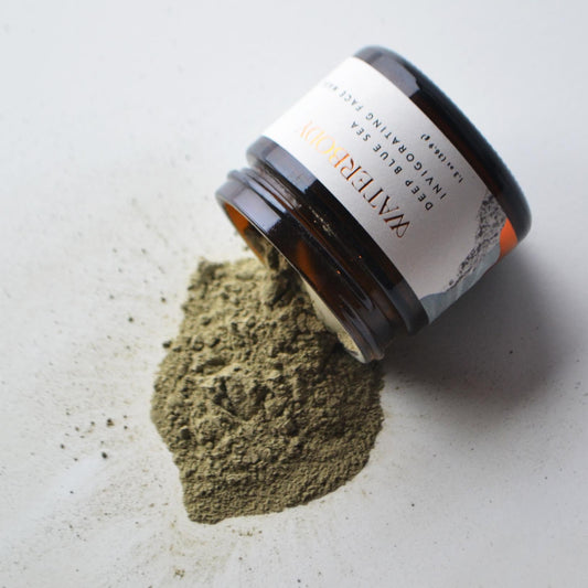 Face mask powder from Waterbody jar, green clay on surface