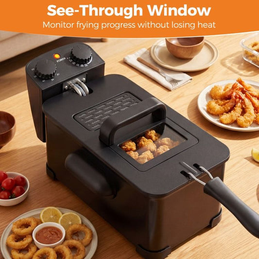 Deep fryer with see-through lid window and front basket opening, on a kitchen counter