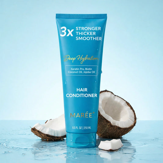 MAREE blue hair conditioner tube with coconut half and coconut oil details