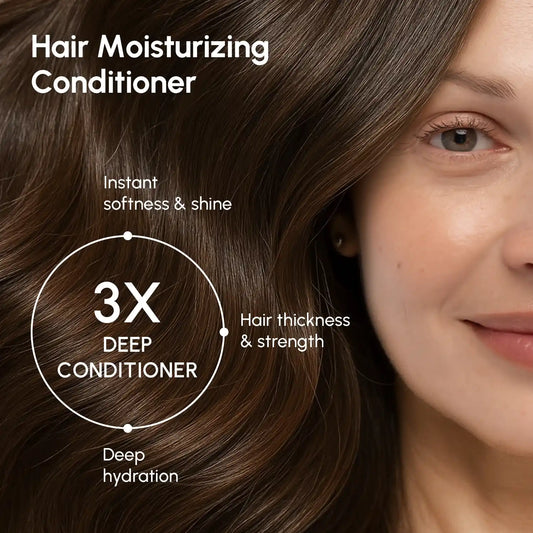 Hair moisturising conditioner on brown hair, with 3x deep conditioner callout