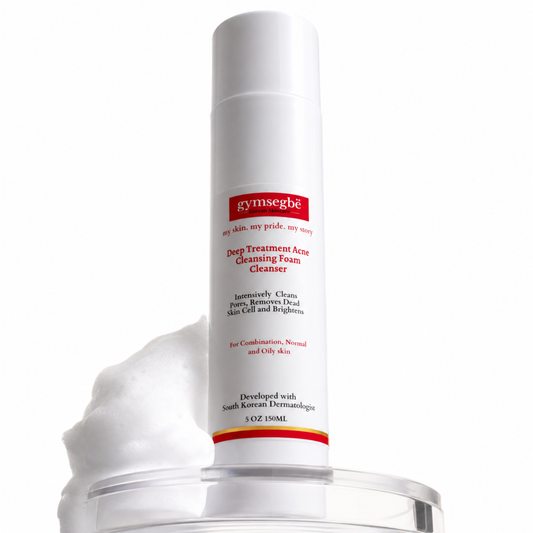 Acne cleansing foam cleanser bottle with white body and red label, front view.