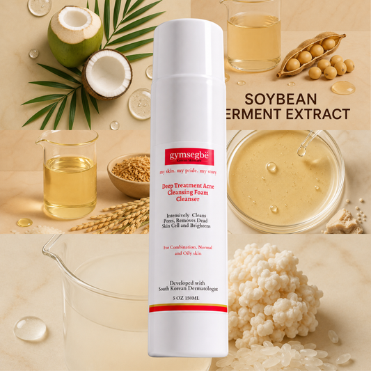 Acne cleansing foam cleanser bottle with red label on a skincare ingredients scene.