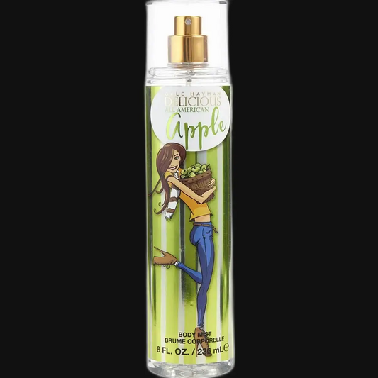 Women’s apple body mist bottle, clear cylinder with gold sprayer and green liquid