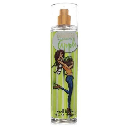 Women’s apple body mist bottle with gold sprayer, full label and green liquid in clear
