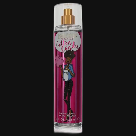 Fragrance mist bottle with gold spray cap and pink liquid, Cotton Candies label