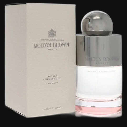 Molton Brown perfume bottle with silver cap, pink liquid, and beige 'rhubarb & rose' box
