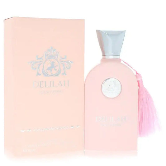 Delilah perfume by Maison Alhambra bottle and pale-pink box, white cap, pink tassel