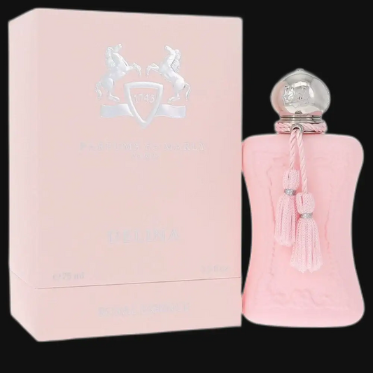 Delina by Parfums De Marly perfume bottle with pink glass and silver globe cap, plus box