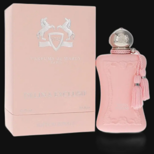 Delina Exclusif women's perfume bottle with pink box and tassel cap, pink glass