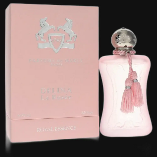 Delina La Rosee perfume bottle, pink glass with tassel and silver cap, with box