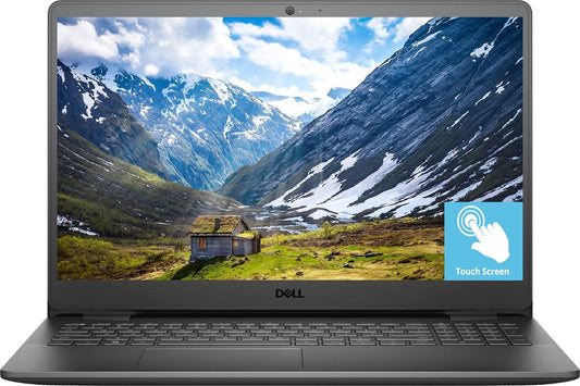 Dell Inspiron laptop front view with touch screen and keyboard deck