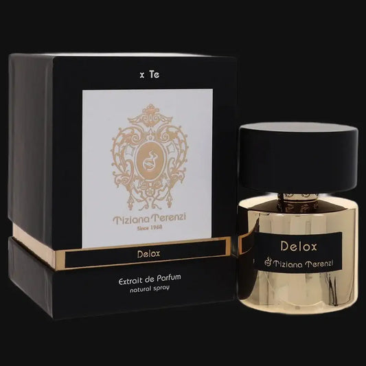 Delox women’s perfume bottle with black cap, beside matching black gift box
