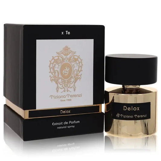 Perfume bottle with black cap and Delox label, with matching black gift box