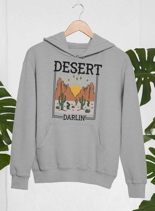 Heather grey hoodie with front pocket and 'DESERT' 'DARLIN'' cactus graphic