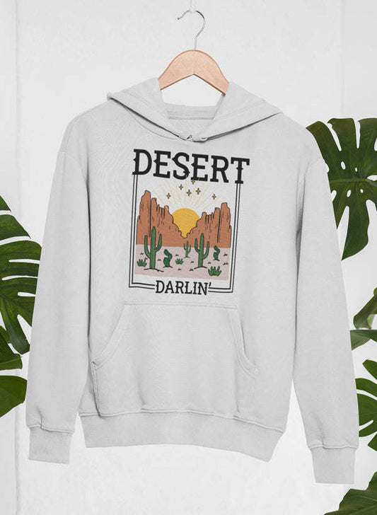 Grey hoodie with front “DESERT DARLIN’” cactus graphic and kangaroo pocket.