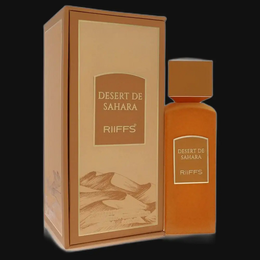 Unisex perfume bottle with amber-orange glass and square cap, with matching gift box
