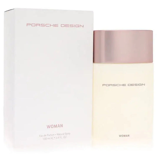 Womens eau de parfum spray by Porsche Design, front view box and bottle, pink lid.