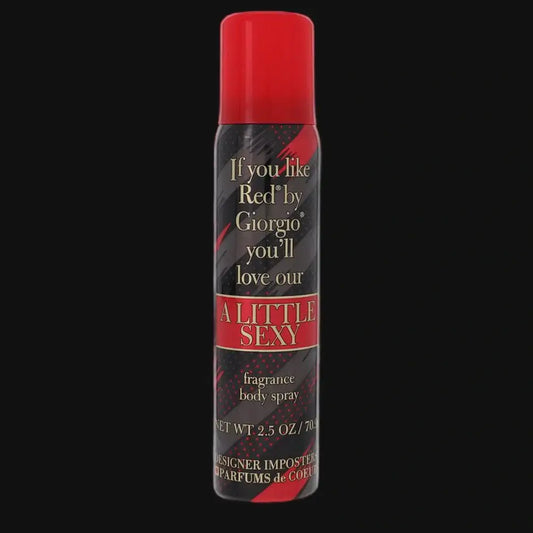 Women's fragrance body spray bottle with red cap and dark red/black front label