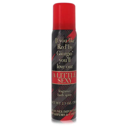 Women's fragrance body spray bottle with red cap and 'A LITTLE SEXY' label text