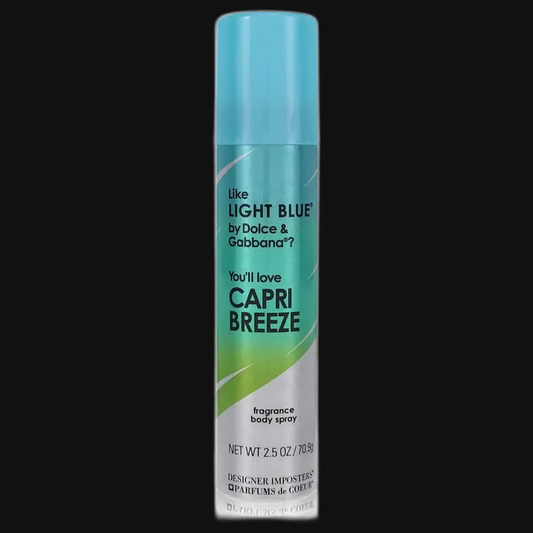 Perfume body spray bottle with blue cap and Capri Breeze label, tall cylinder
