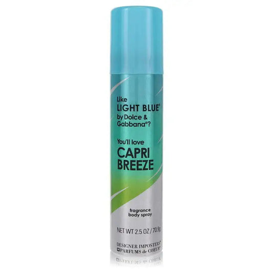 Perfume body spray bottle, blue cylindrical cap and teal Capri Breeze graphic label