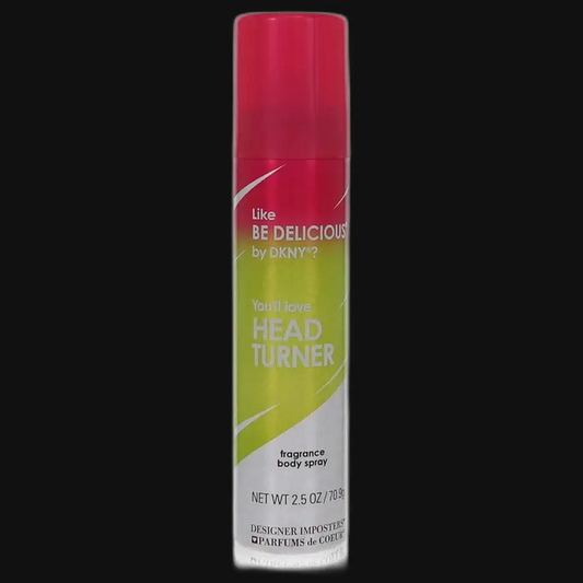 Fragrance body spray bottle with red cap and green front label, 2.5 oz