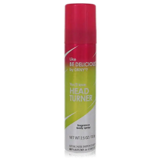Women’s fragrance body spray in slim bottle with red cap and green label