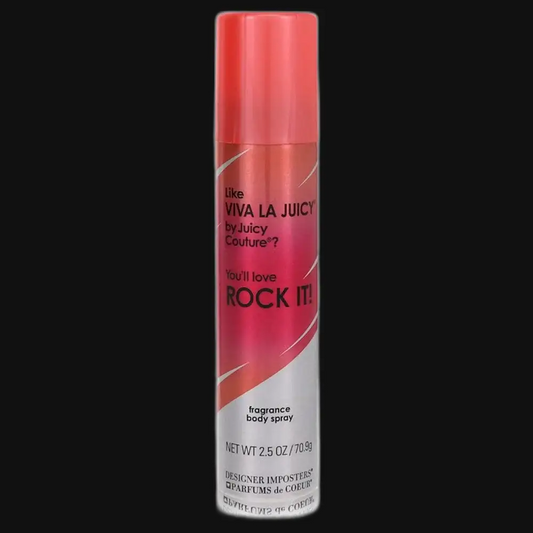 Fragrance body spray bottle, red cap and pink-red label with ROCK IT design