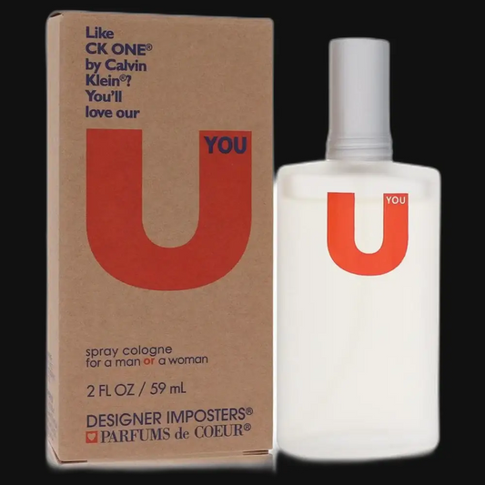 Unisex spray cologne bottle with white bottle and red U mark, shown with box