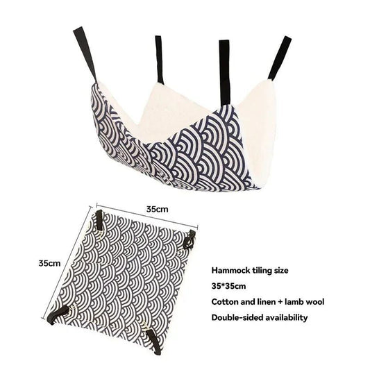 Hanging cat hammock with black wave pattern on white fabric and black straps