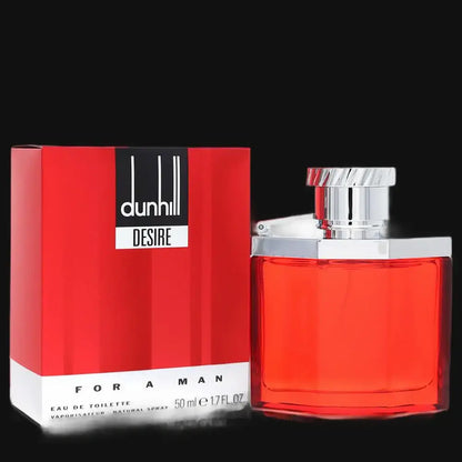 dunhill Desire men’s cologne bottle with red glass and silver spray cap
