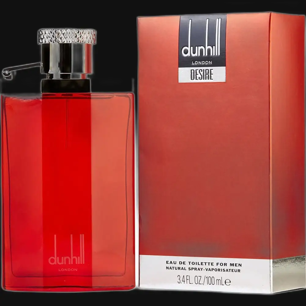 dunhill Desire men’s cologne set with red glass bottle, silver cap, and box